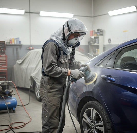 Person wearing Supergum Sapphire PAPR hood while spraying 2K automotive paint - full-face powered respirator, no fogging
