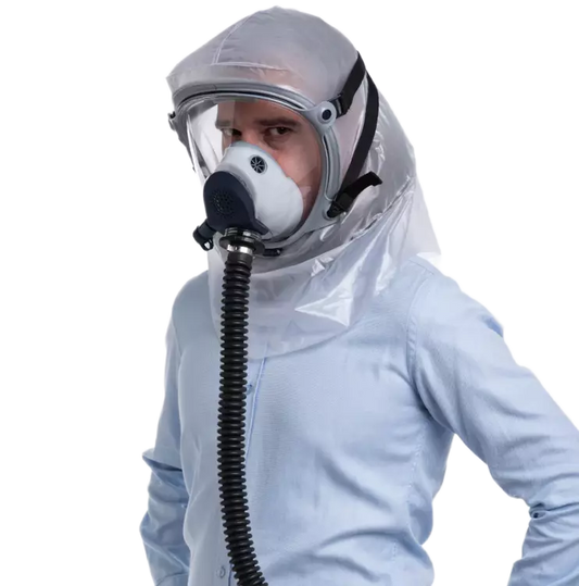 Person wearing a full-body protective suit with a hood and supergum saphir PAPR hood