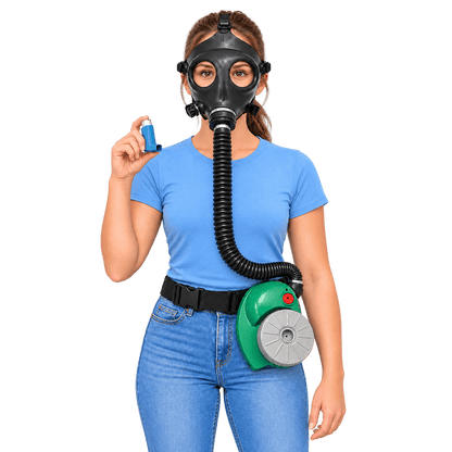 Woman with an inhaler wearing a full-face CBRN gas mask connected to an ONYX 45 PAPR blower and M80 40mm filter
