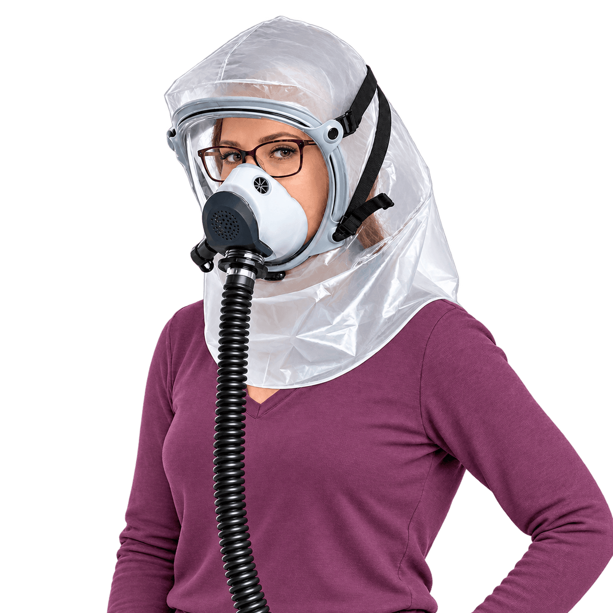 Woman wearing eyeglasses inside an Israeli Sapphire powered-air respirator hood